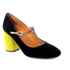 Chie Mihara Black Velvet T-Strap with colored heel